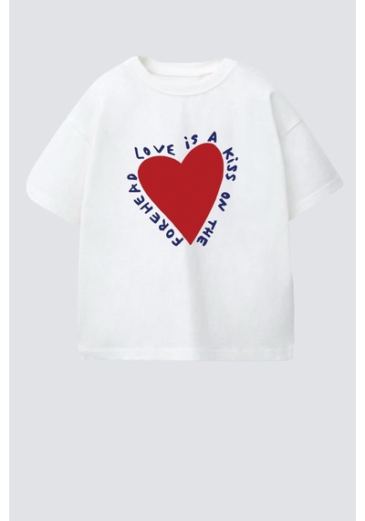 Monila Kız Çocuk Kalp Baskılı Pamuklu T-shirt Ekru