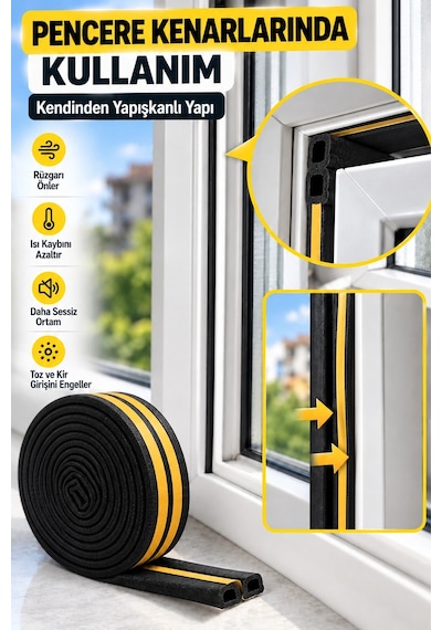 Siyah Kapı Pencere Yalıtım Bandı 10 Metre, Kendinden Yapışkanlı Çift Kanallı Pvc İzolasyon Fitili, R