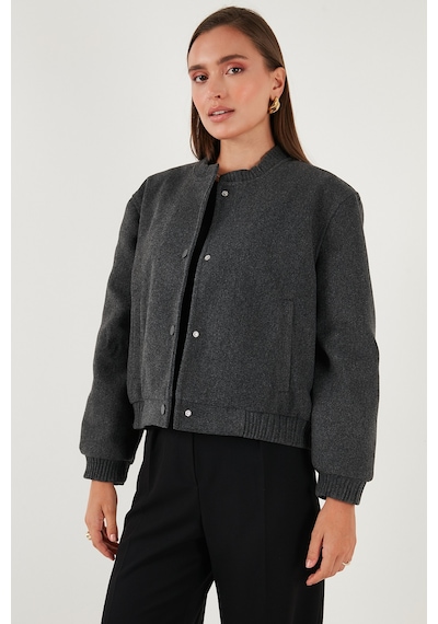 Lela Loose Fit Sıfır Yaka Çıtçıtlı Kaşe Kısa Bayan Mont 6810178 Antrasit