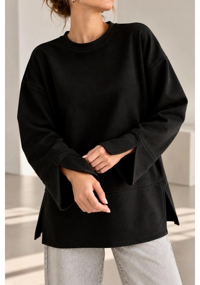 Bb Butik Basic Oversize Yırtmaç Detaylı Bisiklet Yaka Sweatshirt Zg3535 siyah