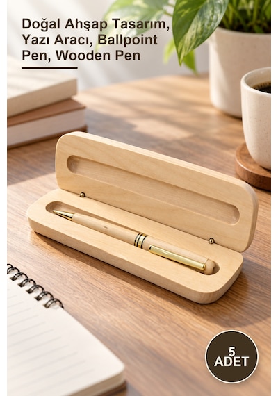 5 Adet Ahşap Kutulu Tükenmez Kalem Doğal Ahşap Tasarım, Yazı Aracı, Ballpoint Pen, Wooden Pen -