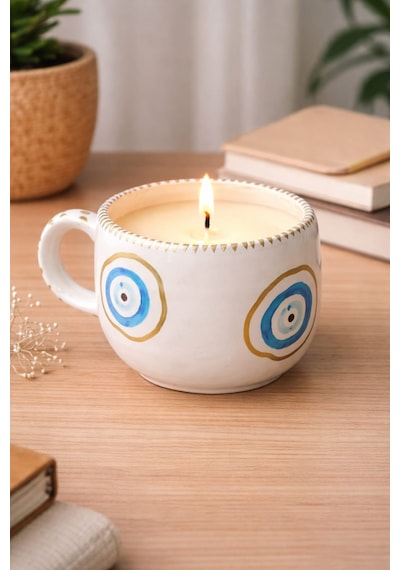 El Yapımı Fincan Mum - Vanilya Aromalı Mumluk 7.5x8 Cm Cogo Ceramic Açık Gri
