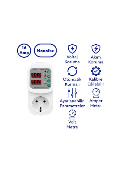 Tomzn Ayarlanabilir Voltaj Ve Akım Korumalı Priz - 16a - Yüksek Gerilim Koruma - Elektrik Bekçisi
