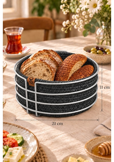 Mat Gümüş Yuvarlak Ekmek Sepeti, Ekmeklik Sunum Sepeti, Antrasit Gri Makrome Çok Amaçlı Paslanmaz Metal Renkli