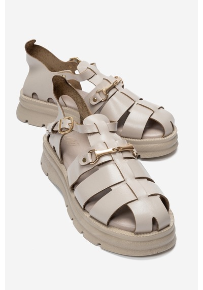 Luvi Shoes Rıela Krem Hakiki Deri Tokalı Kadın Sandalet