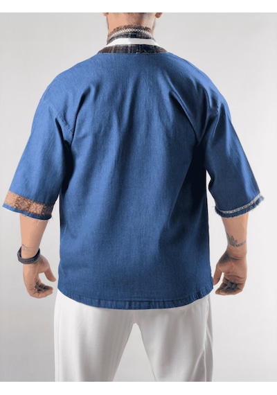 Tasarım Denim Erkek Kimono Coc3212 Mavi