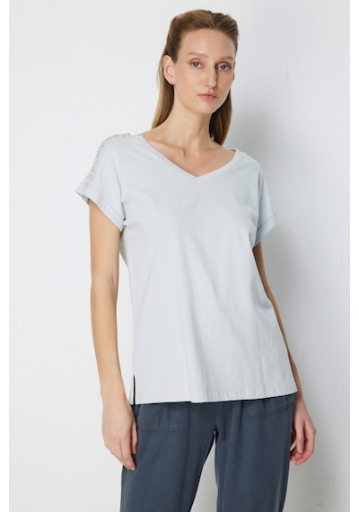 On Kadın Omuzları Taşlı V Yaka Pamuklu T-shirt 71415 Gri