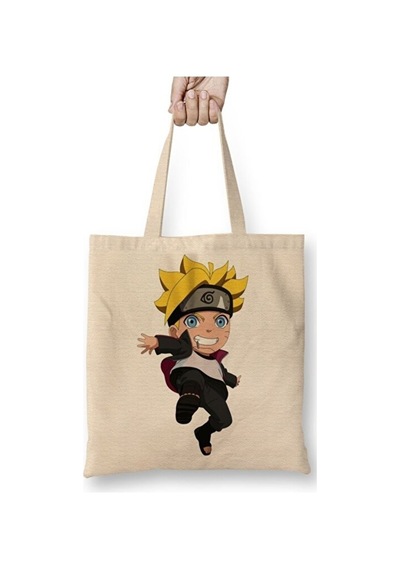 Toyaso Chibi Boruto Uzumaki Bez Çanta Uzun Saplı Alışveriş Çantası Plaj Çantası Beyaz