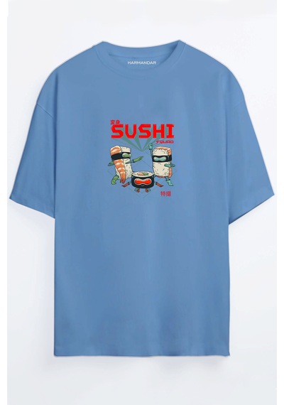 Anime Sushi Ninja Squad Baskılı Unisex Siyah - Beyaz Oversize T-shirt Mavi