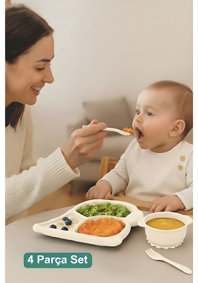 Dino Mama Seti - Tabak Çerezlik ve Çatal Kaşık - Bebek Yemek Kabı - Dinozor Çocuk Tabak Seti Bej