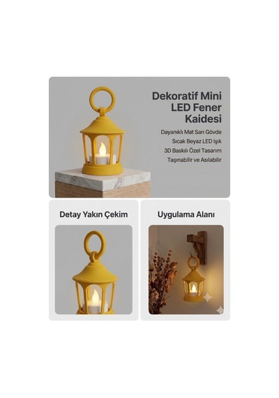 Dekoratif Fener Mini Kaide Led Mumlu Modern Masaüstü Aydınlatma - Otantik Ortam Aydınlatması - Gold Altın