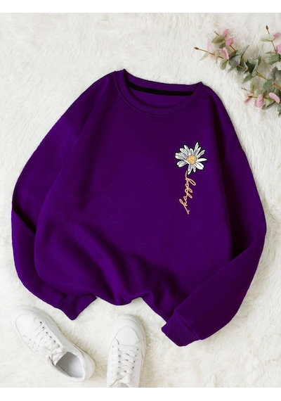 Startmore Mor Kadın Happy Daısy Özel Renkli Oversize Bisiklet Yaka Pamuklu