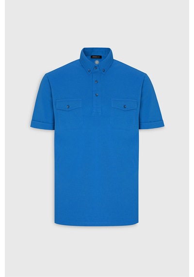 Erkek Saks Slim Fit Dar Kesim %100 Pamuk Polo Yaka Tişört Saks