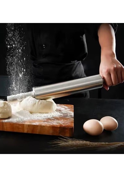 Paslanmaz Çelik Merdane - Ergonomik Döner Saplı Hamur Açma Rulosu Mutfak Şef Yardımcısı
