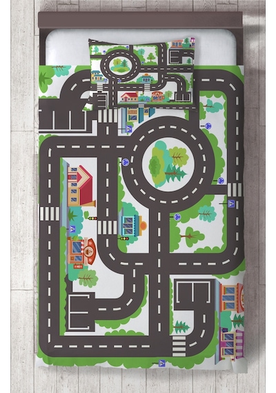 Mekta Home Bebek Ve Çocuk Odası Otopark Ve Yol Desenli Yatak Örtüsü Renkli