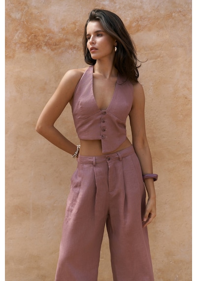 Mai Collection Mai Studios Co. Lvdovila Açık Bordo Keten Crop Yelek Pantolon Takım Acık Bordo