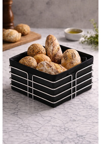 Karteya Gümüş Kare Ekmeklik Metal Gümüş Ekmek Sepeti Siyah