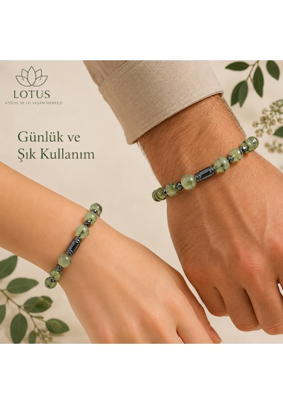 Denge & Yenilenme Premium Bileklik Prehnit & Hematit Doğal Taş Bileklik Gümüş