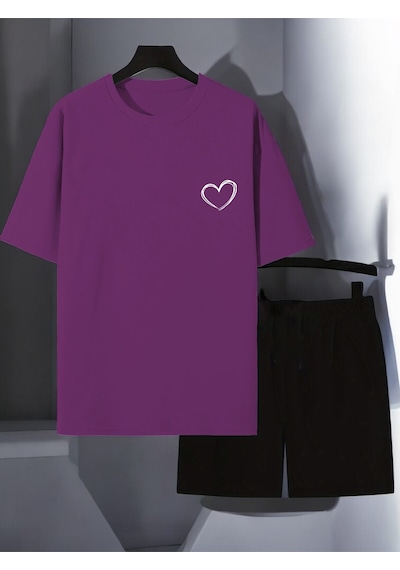 Uyguntarz Unisex Cep Kalp Baskılı Tasarım Şort Takım Mor
