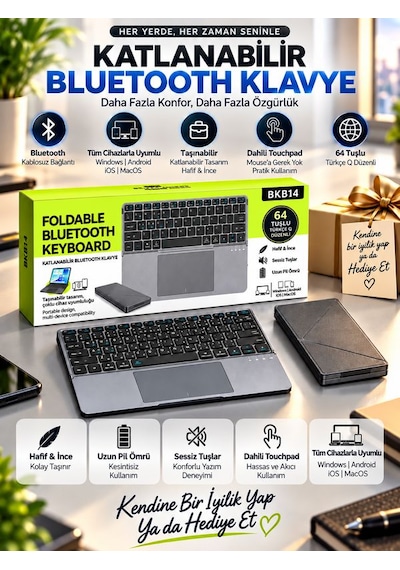 Alüminyum Şarjlı 64 Tuşlu Türkçe Q Klavye Deri Standlı Katlanabilir Bluetooth Dokunmatik Touchpad
