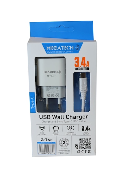 Megatech CC-03 3.4A Type-C Usb Kablo+ Ev Şarj Adaptör Hızlı Şarj