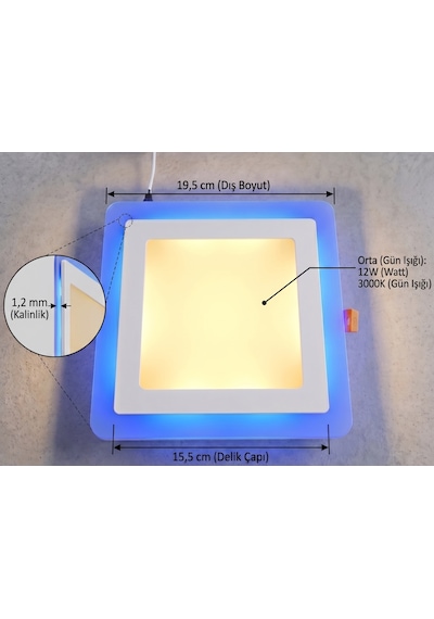 Kare Sıva Altı Led Spot Aydınlatma 16 Watt Çift Renk 3 Kademe Mavi Günışığı Gece Lambası Armatür
