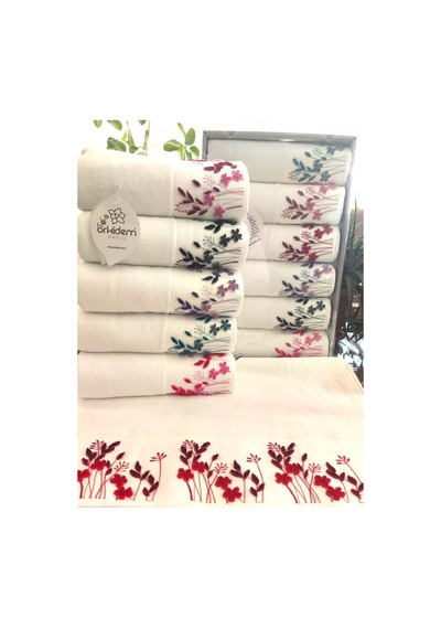 6.lı Set Annem 50x90 Cm. Özel Tafting Nakışlı Kadife Doku Çeyizlik Lüks Havlu Seti Beyaz Beyazdal Beyaz