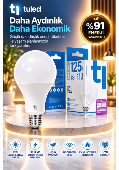 Tuled Redeem Plus 11.3 W Led Ampul, 5000 Kelvin E27 A80s, Titreşimsiz, Göz Konforu, 1648 Lümen, Tekli