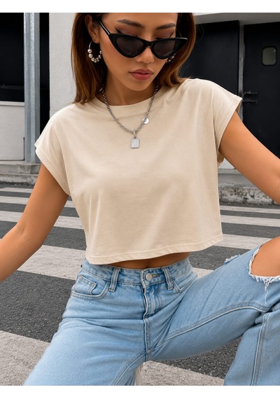 Bonnywıll Bonnywılll Bisiklet Yaka Düşük Kol Crop T-shırt Bej