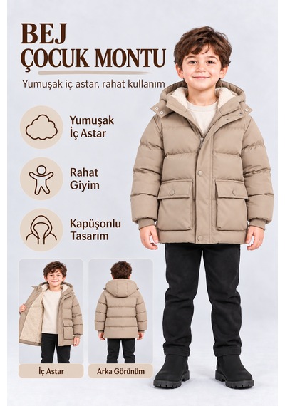 Ahengim Erkek Çocuk Kapüşonlu Peluş Astarlı Kışlık Şişme Mont Fermuarlı Cepli Ak4301 Bej