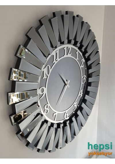 Güneş Smoked Latin Gümüş Füme 85 Cm Dekoratif Aynalı Duvar Saati