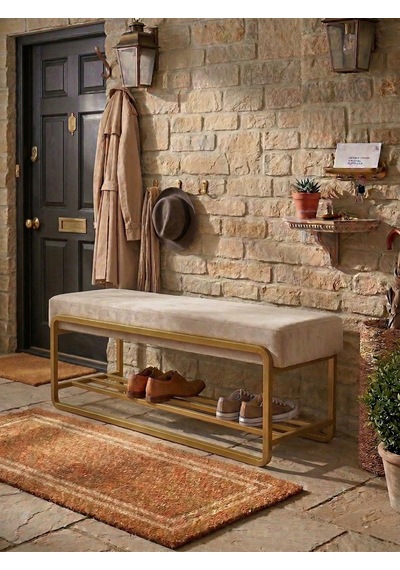 Line Modern Bench Puf Gold Metal 120 Cm - Antre, Giriş Holü, Ofis İçin Şık Dekoratif Bench Cappuccino