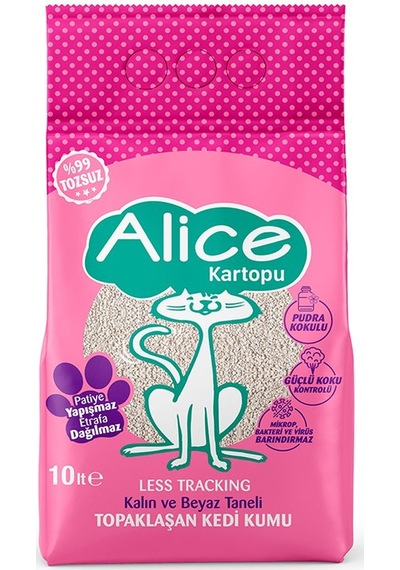 Alice Kalın ve Beyaz Taneli Topaklaşan Pudra Kokulu Kedi Kumu 10 L