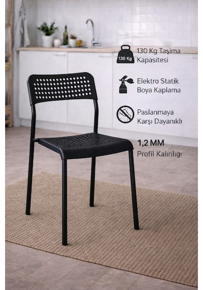 3'lü Mari Siyah Mutfak Sandalyesi Ve Balkon Sandalyesi Plastik Oturma Alanlı, Metal Ayaklı, Bahçe