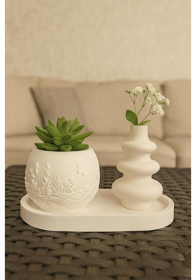 Dalgalı Vazo & Desenli Dekoratif 3 Lü Set - Beyaz