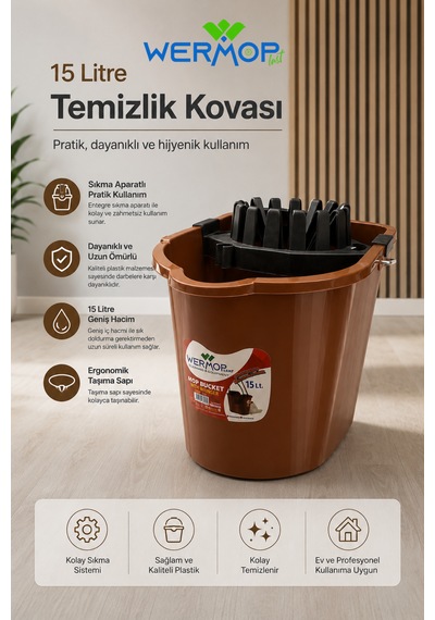 15 Litre Temizlik Kovası Sıkma Aparatlı Mop Kovası - Kahverengi