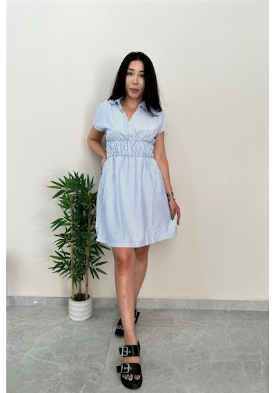 Simli Moda V Yaka Beli Lastikli Mavi Elbise Mavi