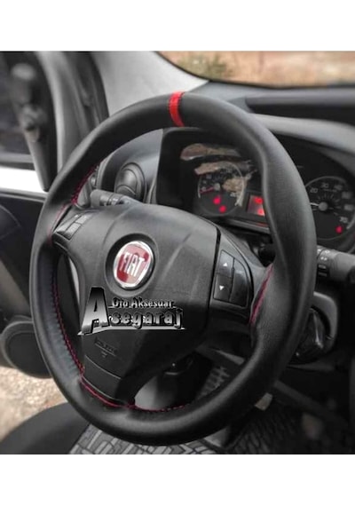 Fiat Linea Uyumlu Dikmeli Direksiyon Kılıfı Soft Siyah Deri Kırmızı Yüzüklü A+plus 38 10.5cm