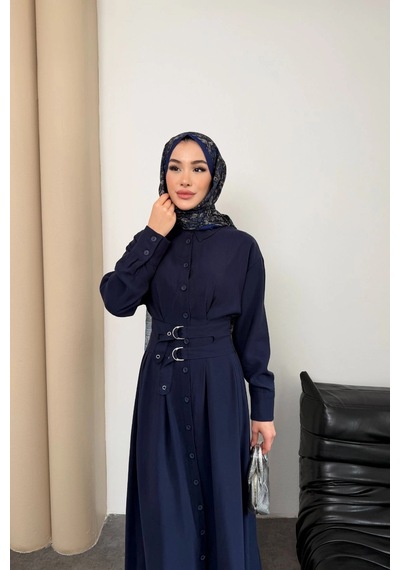 Mihran Butik Valeno Model Coupra Model Kumaş Kemer Detaylı Elbise Lacivert