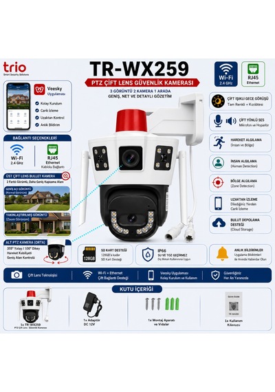 Trio Tr-wx259 Wifi Dış Mekan Güvenlik Kamerası 3 Görüntü Çift Lens Ptz Takip Sistemli
