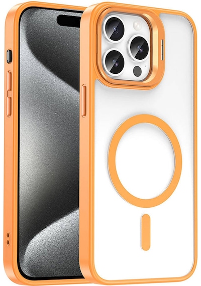 Ardemix Apple iPhone Uyumlu 15 Pro Max Kılıf Magsafe Şarj Özellikli Standlı Magsafe Klon Lensli K Turuncu