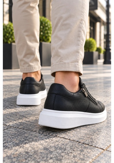 Mevese Roirraw Bağcıklı Ve Fermuarlı Cilt Erkek Günlük Sneaker Ayakkabı - Siyah Beyaz