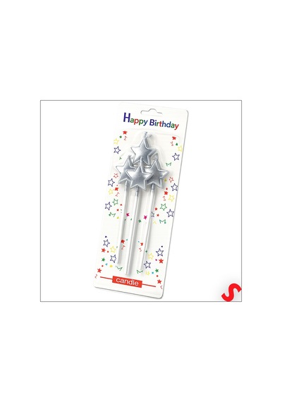 Çubuklu Metalik Gümüş Yıldız Mum - 14 Cm X 4 Adet