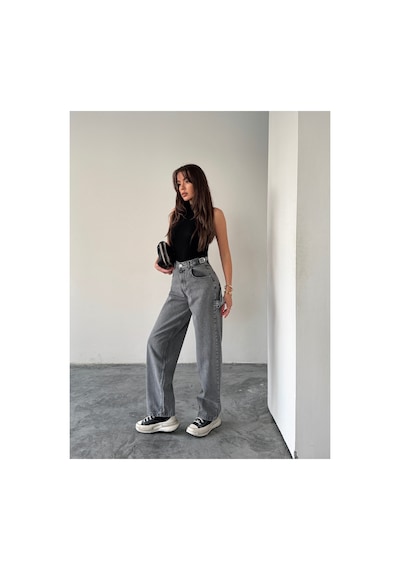 Blue Marlın Yan Kemer Kar Siyah Tokalı Kargo Cep Detaylı Baggy Jeans Kar Siyah