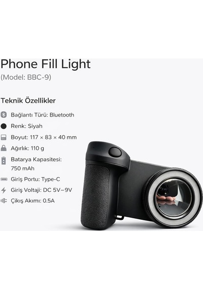 Cep Telefonu Selfie Işığı Bluetooth Shutterlı, Type-c Şarjlı, 750mah Bataryalı, Ayarlanabilir Dolgu Led Iş Diğer