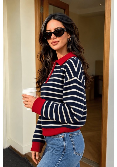 Genius Store Kadın Çizgili Yarım Fermuarlı Polo Yaka Oversize Triko Kazak Yarımfer-triko Lacivert