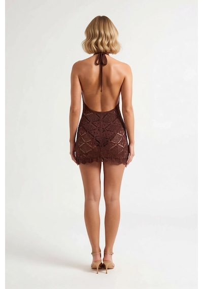 Benerly Kadın Halter Yaka Sırt Dekolteli Örme Mini Elbise Bodycon Kesim D Kahverengi