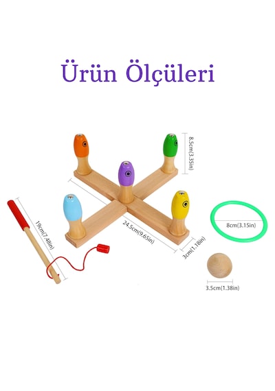 Ahşap Balık Tutma Oyunu 3 Ü 1 Arada Ahşap Oyun Seti Balık Tutma Halka Atma Bowling Eğitici Oyuncak