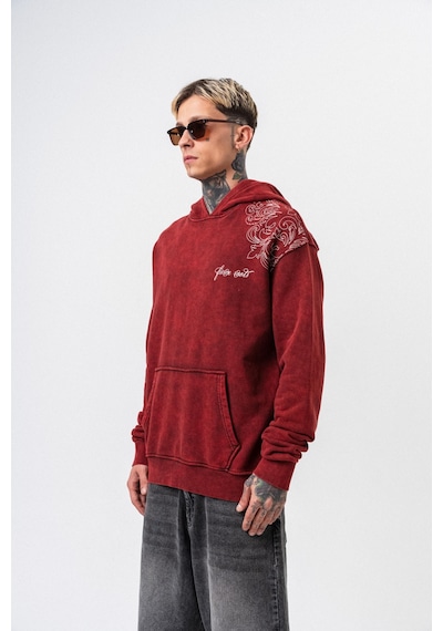 Respire Erkek Fierce Baskılı Yıkamalı Kapüşonlu Oversize Hoodie Bordo