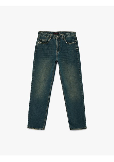Koton Normal Bel Pamuklu Vintage Straight Fit Jean Pantolon Petrol 7wam40058nd